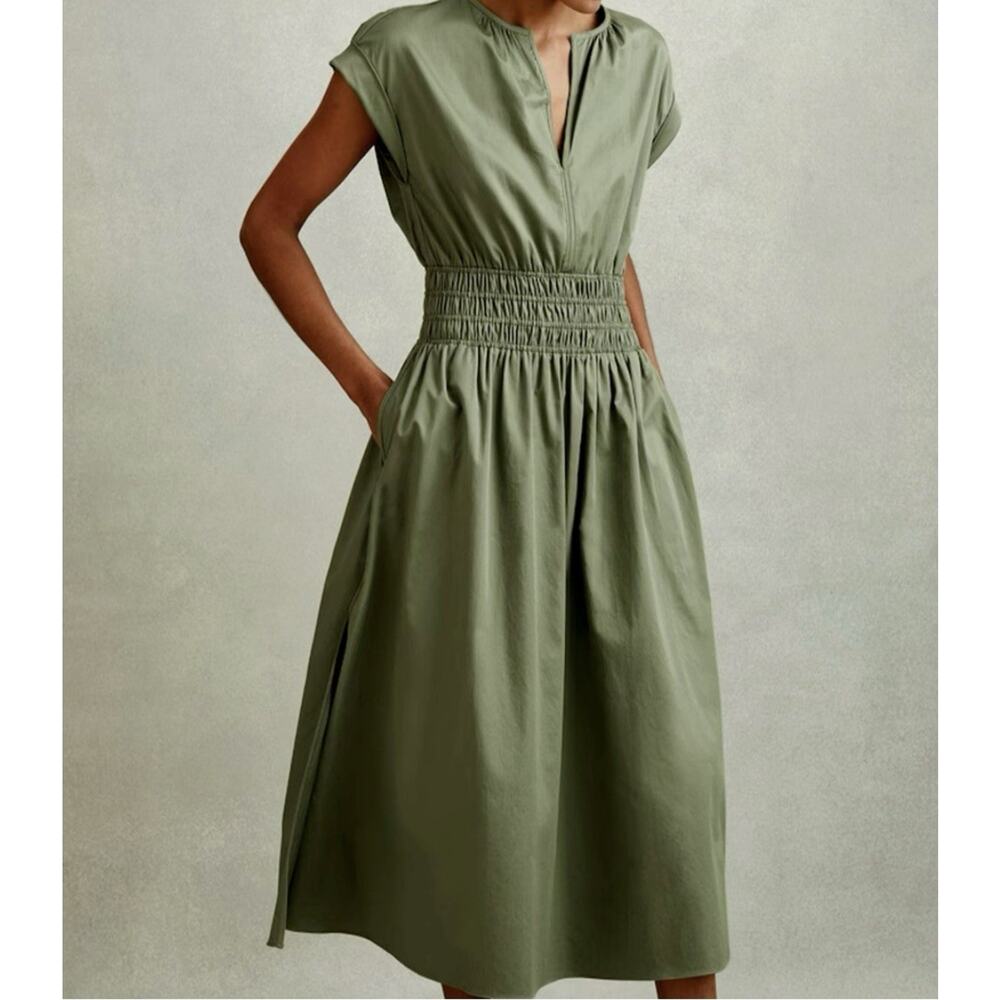 NWOT REISS Lena Cotton Ruched Waist Midi Dress Womens‎ 4 Green Preppy Coastal